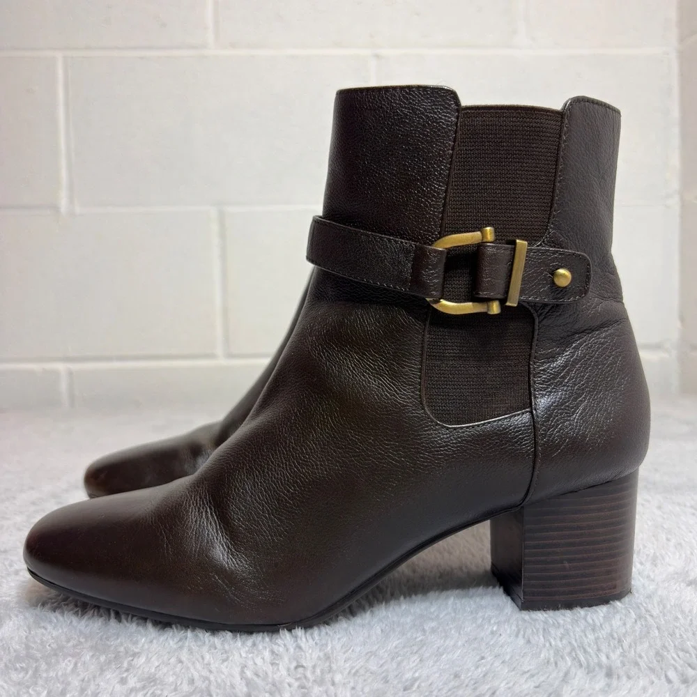 Bandolino Ankle Boots Women 8.5 M Brown Leather Square Toe Block Heel Buckle